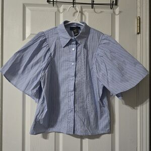 Boxy Striped Puff Sleeve Poplin Cotton Button Down Collared Preppy Top by Rain.